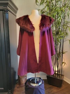 NWT Adrienne Landau Burgundy Wine Red Cape Removable Faux Fur Collar Sz XL - Picture 1 of 8