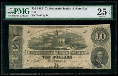 1862 CONFEDERATE STATE OF AMERICA $10 RICHMOND VIRGINIA NOTE T-52 PMG VF 25 NET - Image 1 of 2