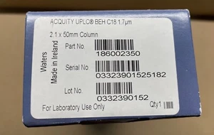 Waters Acquity UPLC BEH C18, 1.7 µm, 2.1 mm X 50 mm 186002350 - Picture 1 of 3