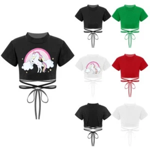 Girls Dance Crop Tops Mock Neck Strappy Sports Tee Shirts Gymnastics Dancewear - Picture 1 of 36