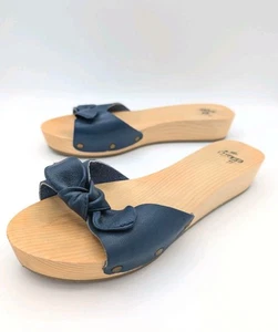 Retro Pin Up Stil blaue Leder Schleife & Holz Sandalen Damengröße 8 - Bild 1 von 5