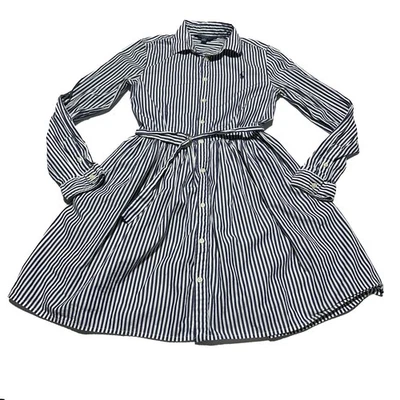 Polo Ralph Lauren Girls Size 16 Striped Navy & White Belted Button Shirt Dress - Image 1 of 4