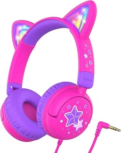 iClever Kids Headphones LED Light Up Cat Ear 85dBA Safe Volume Toddler Headphone - Picture 1 of 7