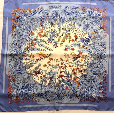 Hermes Carre 90 La Prairie Silk Scarf Blue Flower Floral Print Vintage Authentic - Image 1 of 4