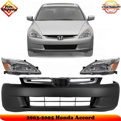 Front Bumper Cover Primed & Headlight Assembly Kit For 2003-2005 Honda Accord Foto 1 de 4