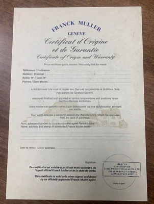 5 X GARANZIA TIMBRATA ORIGINALE FRANCK MULLER CINTREE CURVEX CERTIFICATO A4 - Immagine 1 di 4