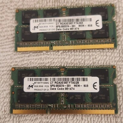 Pair Micron 8GB X 2 (16GB) DDR3L SO-DIMM  (MT16KTF1G64HZ-1G6N1) - Image 1 of 2