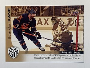 2021-22 UD Game Dated Moments Gold EVANDER KANE /100 “Hat Trick” Card# 97