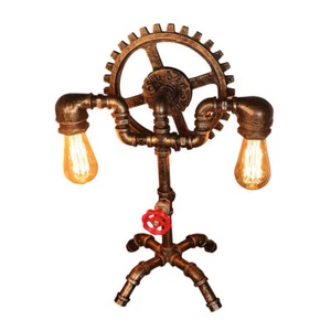 Retro Steampunk Gear Pipe Deco Table Lamp Industrial Style 2-Light Desk Lighting - Picture 1 of 10