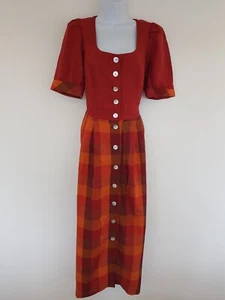 Vintage Dress Red Orange Check Long Size 12 Button Cotton Linen Blend Maxi Retro - Picture 1 of 17