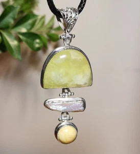 Australian Prehnite Biwa Pearl Butterscotch Baltic Amber Sterling Silver Pendant - Picture 1 of 8