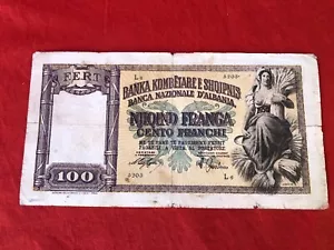 ALBANIA BANKNOTE 100 FRANGA 1939 ALBANIAN BANKNOTES ITALIAN OCCUPATION ITALY WW2 - Picture 1 of 4