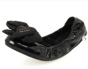 PRADA BLACK PATENT LEATHER BOW SCRUNCH BALLERINA BALLET FLATS 36 6 - Picture 1 of 23