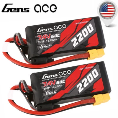 2X Gens Ace G-Tech 60C 7.4V 2200mAh 2S Lipo Battery XT60 For TRA/TRX 1/16 E-Revo - Image 1 of 4