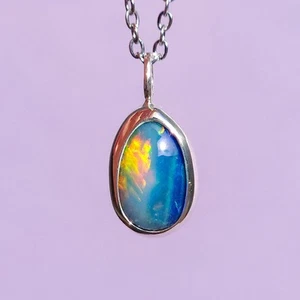 Australian Opal Necklace, Coober Pedy Opal Doublet, Silver Opal Pendant, Flashy - Picture 1 of 9