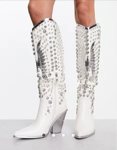 Azalea Wang Upbeat embellished western knee boot in white Size 7 - Picture 1 of 11