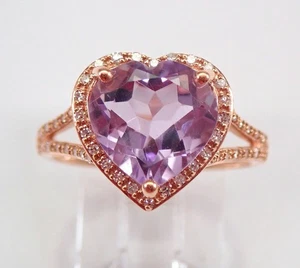 Anillo de compromiso de oro rosa con diamantes y amatista en forma de corazón promesa joyería regalo - Imagen 1 de 7