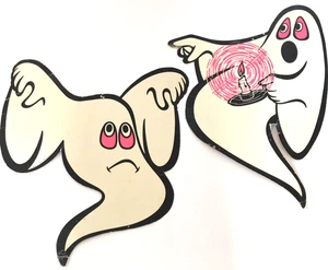 2 Vintage Geist gestanzt Halloween Dekor Pfeife USA 15" weiß schwarz pink leuchtend gruselig - Bild 1 von 24