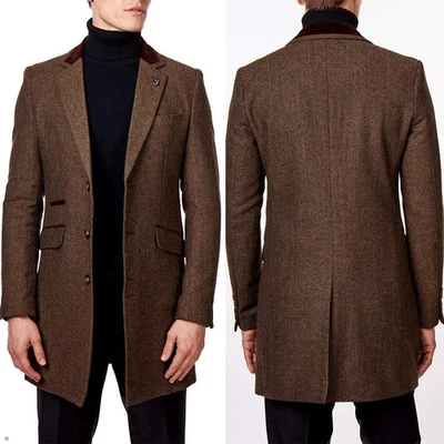 Men Brown Herringbone Coat Single Breasted Jacket Notch Lapel Cashmere Tweed - Image 1 of 4