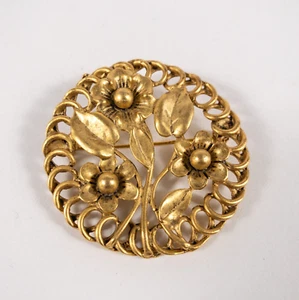 Broche prendedor de moda firmado EH tono dorado floral 1,75" bisutería - Imagen 1 de 4