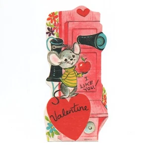 Unused Vintage Die-Cut Valentine Card — Cute Mouse Hold Apple Old Wall Telephone - Picture 1 of 4