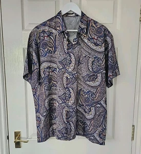 Thai Silk Shirt Short Sleeved Size 52 Chest Paisley Pattern Blue Lightweight - Picture 1 of 7