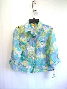 Ruby Rd. Cropped Button Up Floral Shirt Jacket Aqua Eyelet Roll Tab Sleeves 16P - Picture 1 of 12