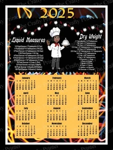 2025 KALENDERMAGNET Afro Lady Chef + Umrechnungstabelle für Trocken-/Flüssigmaße - Bild 1 von 2