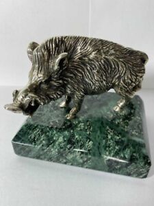 Vintage Figure Figure Sterling Solver 925 Wild Boar Natural Marble Stone 320 gr