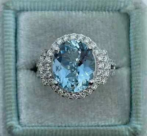 5.18 Ct Oval Cut Natural Aquamarine Diamond Wedding Ring 14K White Gold Size 6 7 - Picture 1 of 10