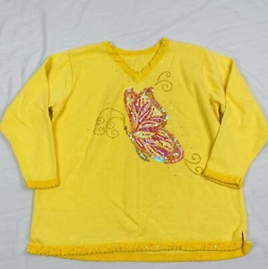 QUACKER FACTORY LOVELY SEQUINED BUTTERFLY V-NECK PULLOVER SWEATER SIZE 2X - Picture 1 of 5