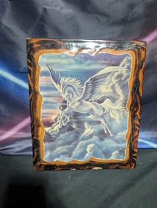80s Vtg Sue Dawe Unicorn Pegasus Lacquered Wall Art Wooden Plaque 70s - Picture 1 of 3