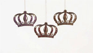 36639 Set/3 4" Red Purple Gold w/Faux Jewel Metal Crown Ornament King Queen - Picture 1 of 1