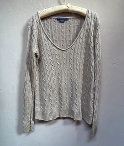 Ralph Lauren Women Italian Yarn Linen Cable-Knit V-Neck Sweater Large Tan Casual - Picture 1 of 8