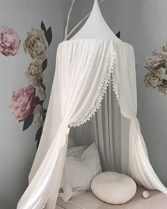 Kids Bed Canopy with Pom Pom Hanging Mosquito Net for Baby Crib Nook Castle Game - Picture 1 of 11