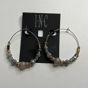 INC International Concepts Gold Hoop Earrings w/ Pale Blue & Gold Beads, NWT!! - Picture 1 of 3
