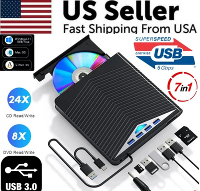 External CD DVD Drive For PC Laptop Windows 11 10 USB 3.0 Burner Reader Writer Foto 1 de 4