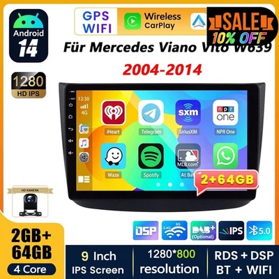 64G Android 14 Autoradio Carplay Navi Kam Für Mercedes Viano Vito W639 2004-2014 - Bild 1 von 4