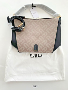 Furla Atena Hobo Bucket Bag Purse Beige/Black Made in Italy MSRP $388 NWT