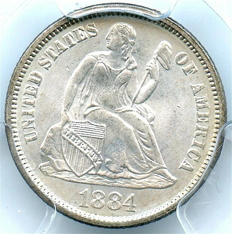 1884 Seated Liberty Silver Dime PCGS MS-67, Blast White Coin, Very Strong Strike Cover