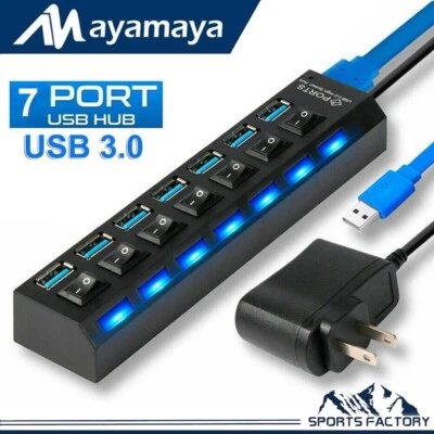 USB 3.0 Hub 7 Port On/Off Switch High Speed Splitter AC Adapter Cable PC Laptop - Image 1 of 4