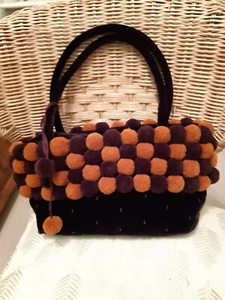 Fluffy Maroon Velvet CRAFT LINK Pompom Sparkle Med. Handbag BNWOT Perfect Gift - Picture 1 of 7
