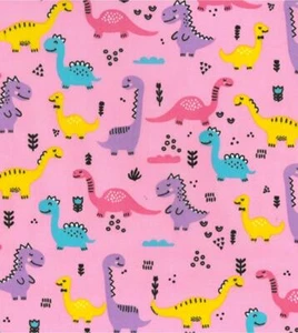 Stampato Policotone Tessuto Artigianale Materiale - Cartoon Dinosauri Rosa - Foto 1 di 2