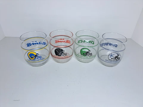 Four Vintage 1990s  NFL Tumbler Glass 3.75" Cowboys, Falcons, Eagles Rams - EUC Cover