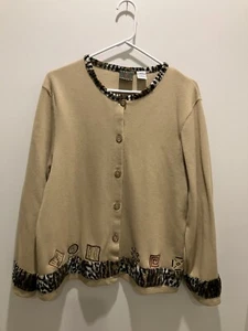 Onque Casuals taglia XL cardigan donna con bottoni marrone chiaro con accenti di stampa animalier - Foto 1 di 9