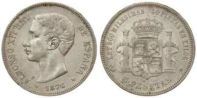 Spain - 5 Pesetas 1876 D.E. .M. - Alfonso XII, Silver - Image 1 of 3