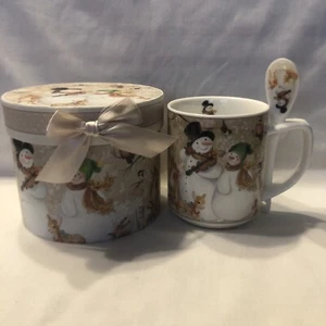 Christmas Holiday Snowman Cup Mug W/ Spoon + Spoon Holder Handle - Picture 1 of 4