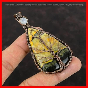 Copper Pear Bumble Bee Jasper Gemstone Rainbow Moonstone Wire Wrapped Pendant - Picture 1 of 6