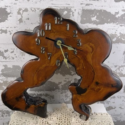 Vtg Mid Century Handmade Cypress Slab Wall Clock Live Edge Ent Tree Creature - Image 1 of 4