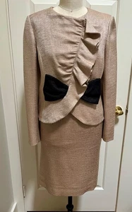 Valentino Women's Gold Tweed Dressy Skirt Suit Ruffled Jacket Silk /Wool Sz.8 - Picture 1 of 11